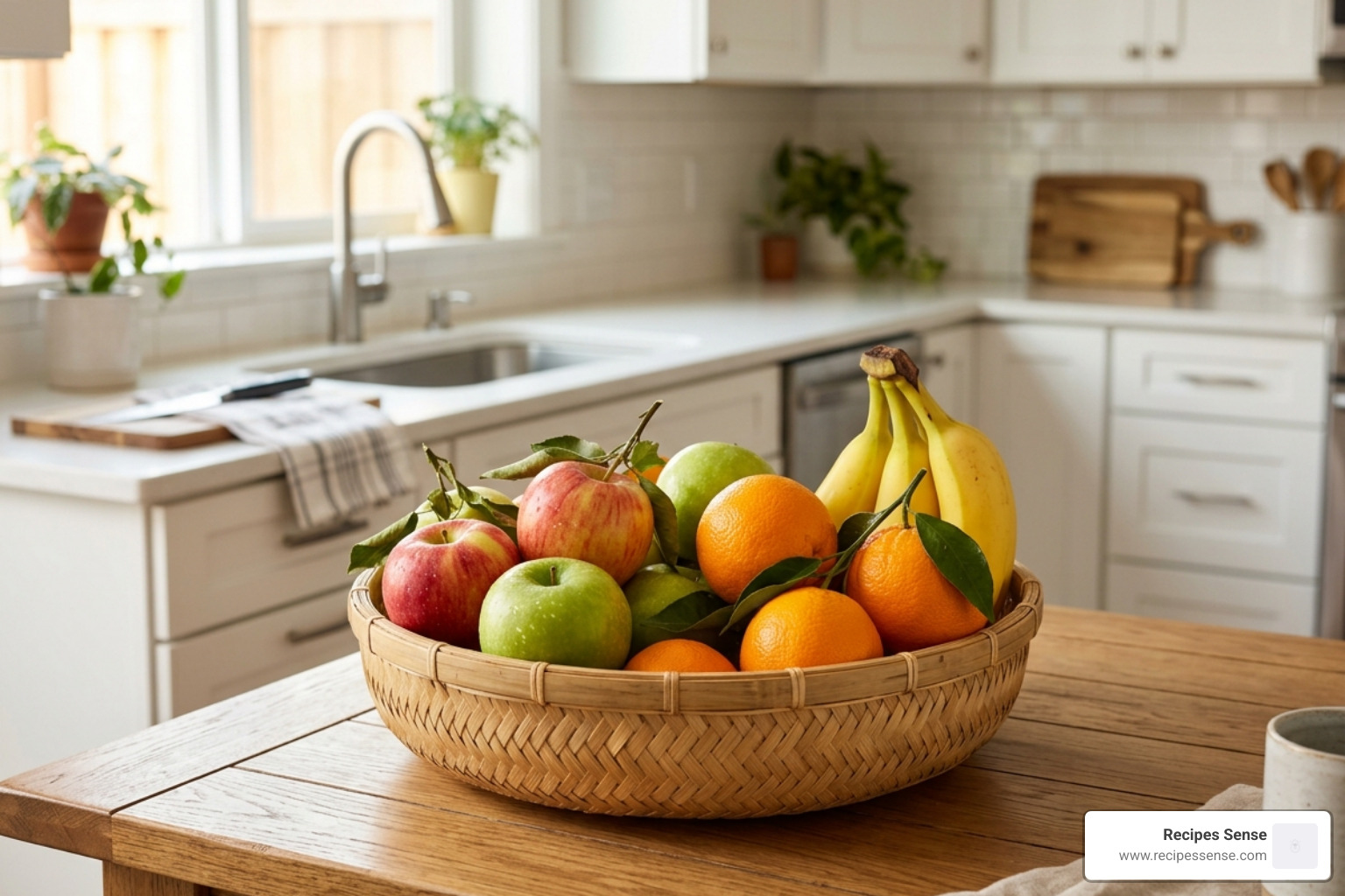 frutas frescas organizadas em cesto de bambu de alta qualidade sobre mesa de madeira - cesto frutas cozinha bambu