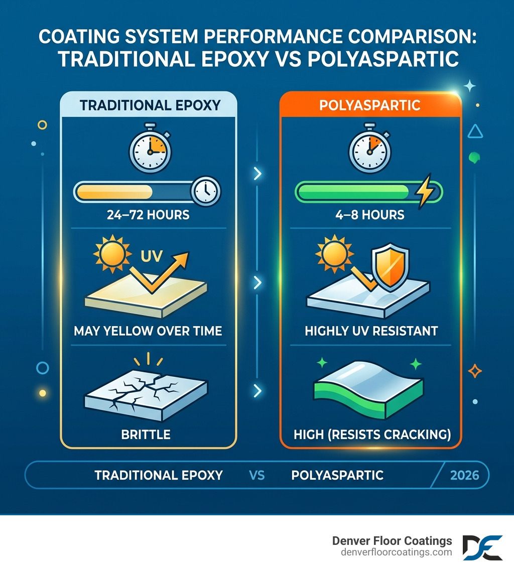Comparison of epoxy and polyaspartic coating performance metrics - warehouse flooring solutions in Fort Collins infographic Comparison of epoxy and polyaspartic coating performance metrics - warehouse flooring solutions in Fort Collins infographic