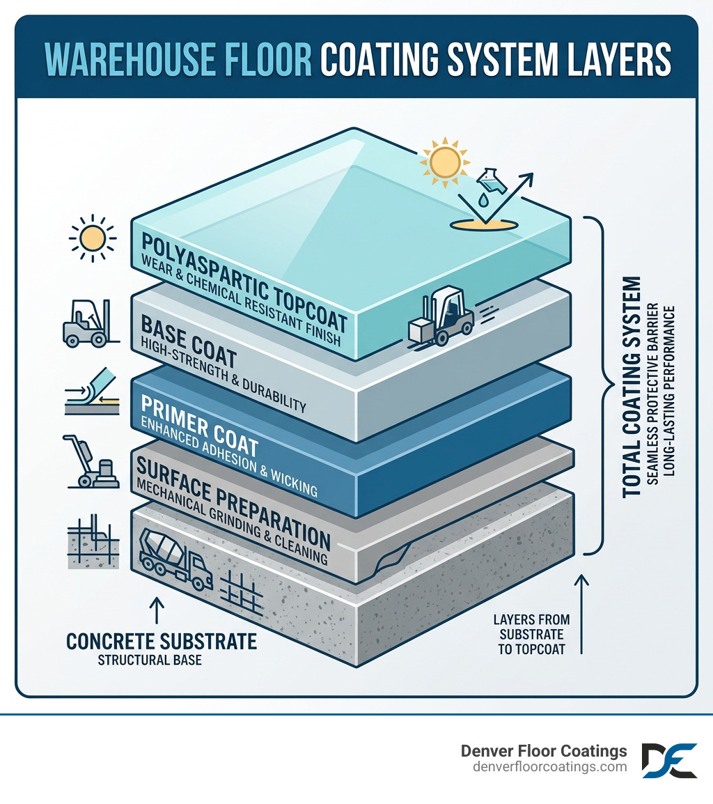 Infographic showing layers of a professional warehouse floor coating system from substrate to polyaspartic topcoat Infographic showing layers of a professional warehouse floor coating system from substrate to polyaspartic topcoat