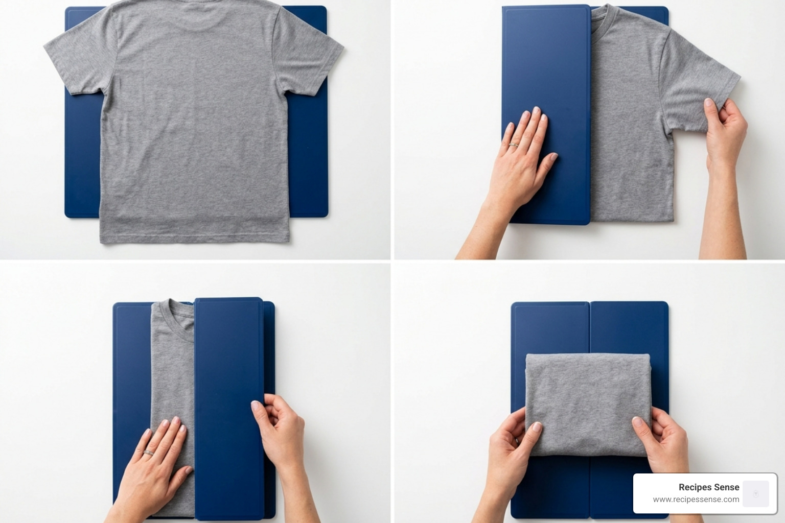 Passo a passo detalhado de dobra vertical de camiseta usando um gabarito - organizador closet roupas dobradas