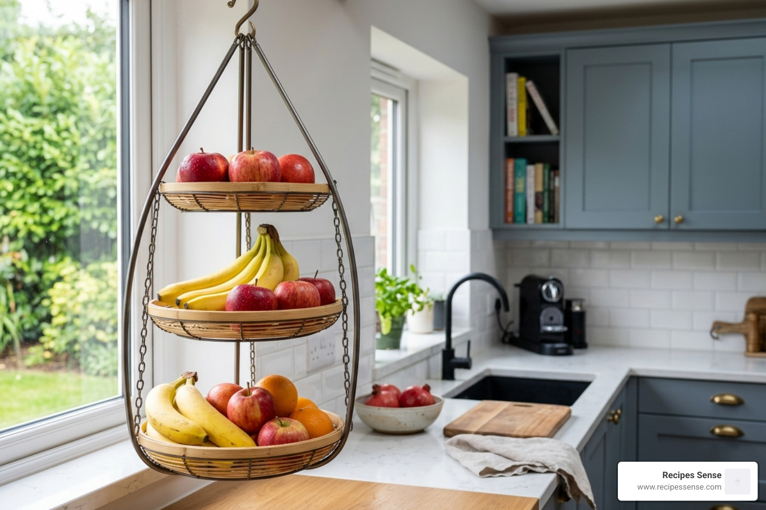 cesto suspenso de bambu e metal com bananas e maçãs penduradas de forma elegante - cesto frutas cozinha bambu
