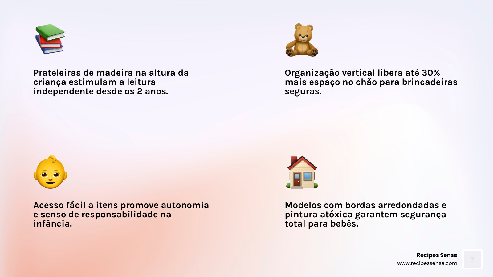 infographic showing benefits of wooden shelves for child development and room organization - prateleira madeira quarto