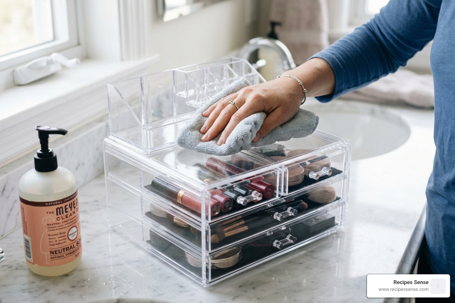 cleaning an acrylic organizer with a soft damp cloth and neutral soap - organizador maquiagem gaveta acrílico