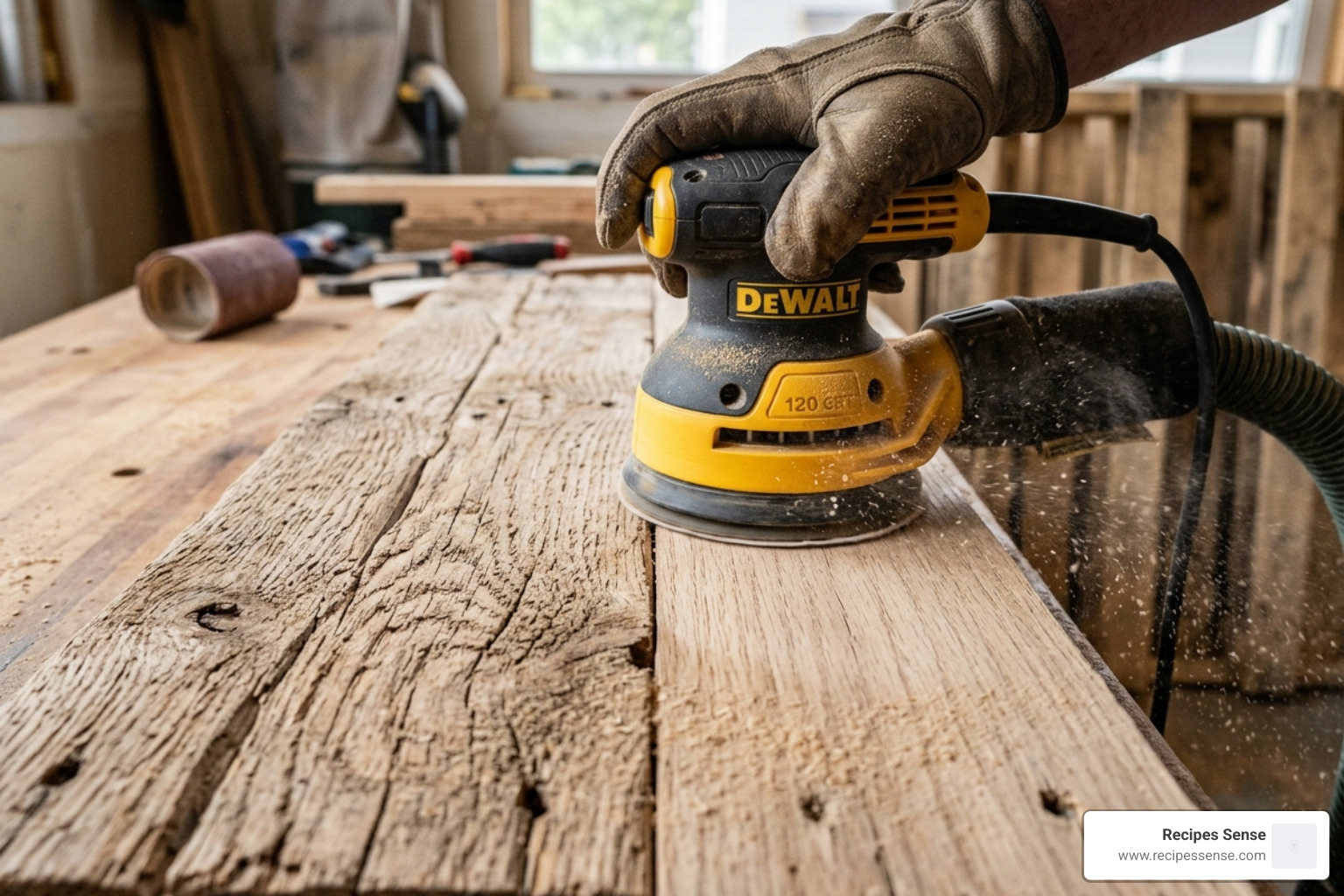 process of sanding raw pallet wood with an orbital sander showing wood grain texture - cabeceira madeira pallet quarto