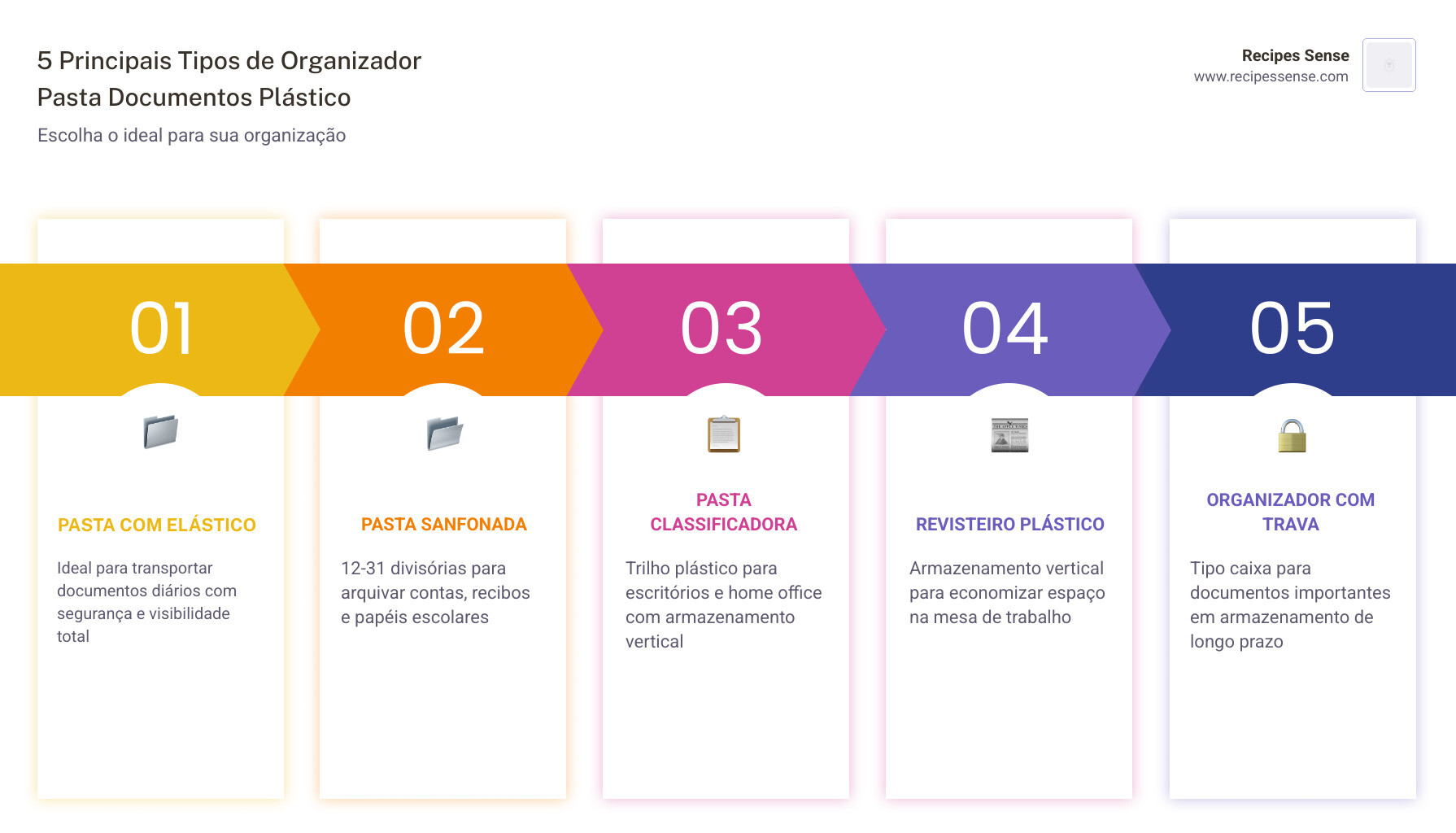 infographic showing 5 types of plastic document organizers with key features and best use cases - organizador pasta