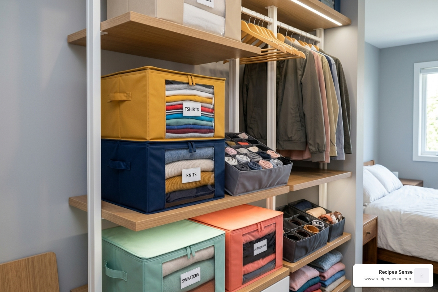 Variedade de colmeias e caixas organizadoras dispostas em um closet moderno - organizador closet roupas dobradas