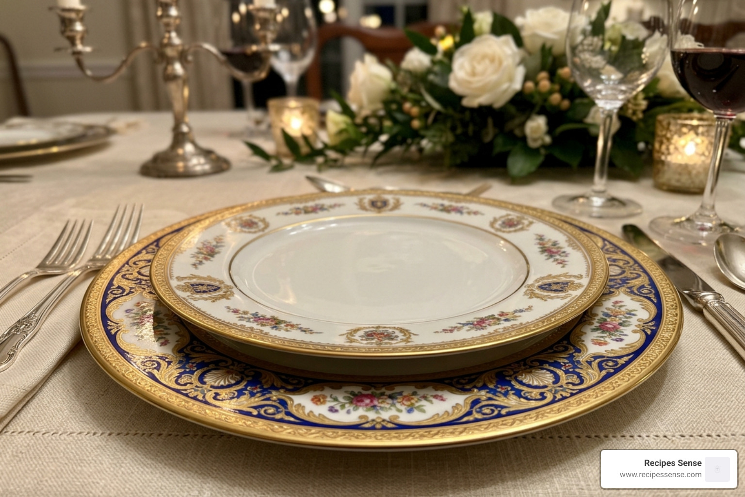 Close-up of a luxury sousplat positioned under a dinner plate on a decorated table - kit sousplat jantar mesa