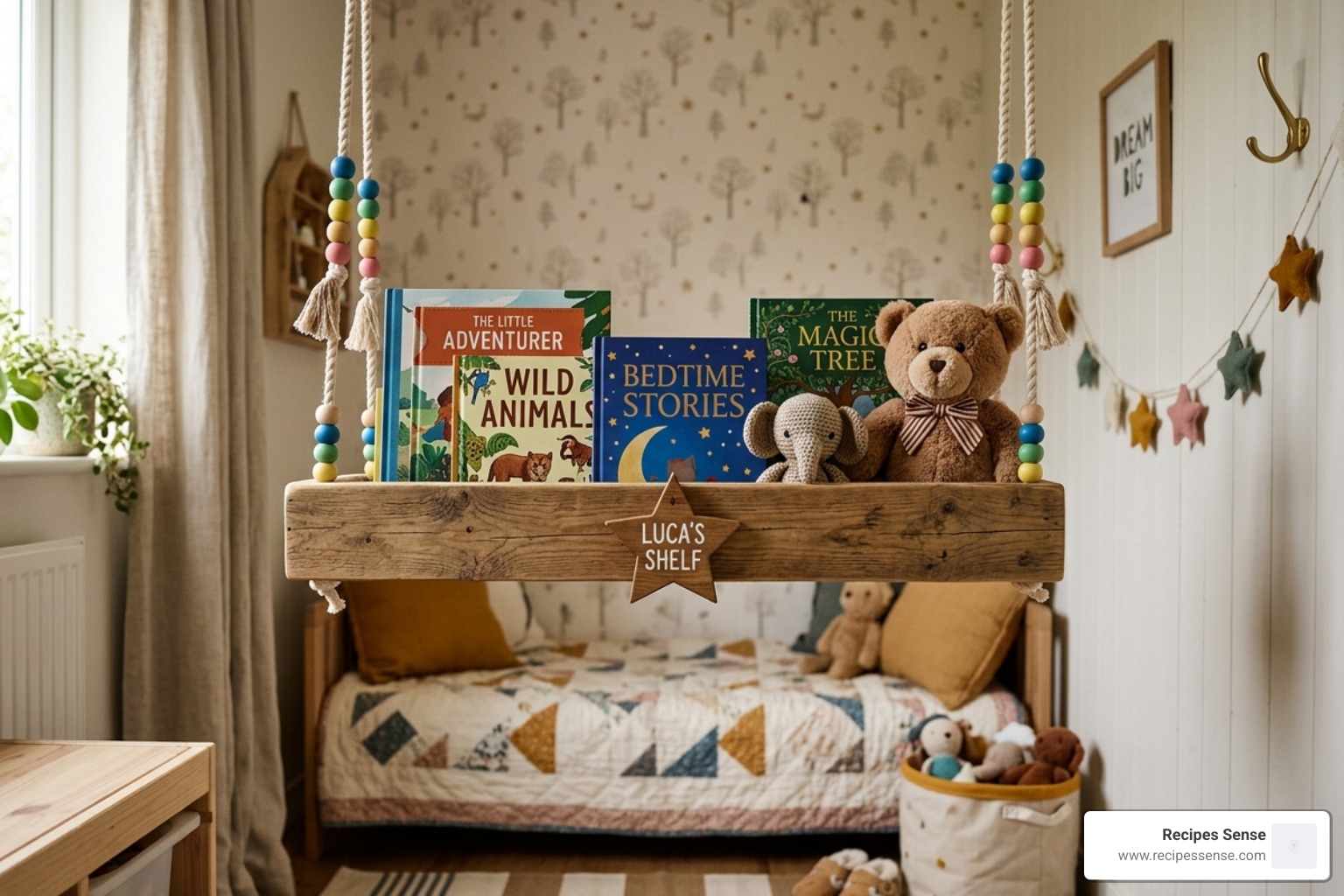 prateleira suspensa de madeira com cordas de algodão e miçangas decorativas - prateleira madeira quarto infantil