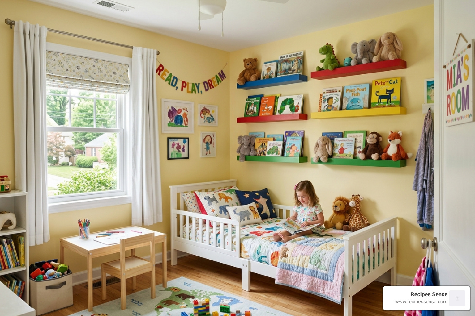 quarto infantil decorado com prateleiras coloridas organizando livros e bichos de pelúcia - prateleira flutuante parede