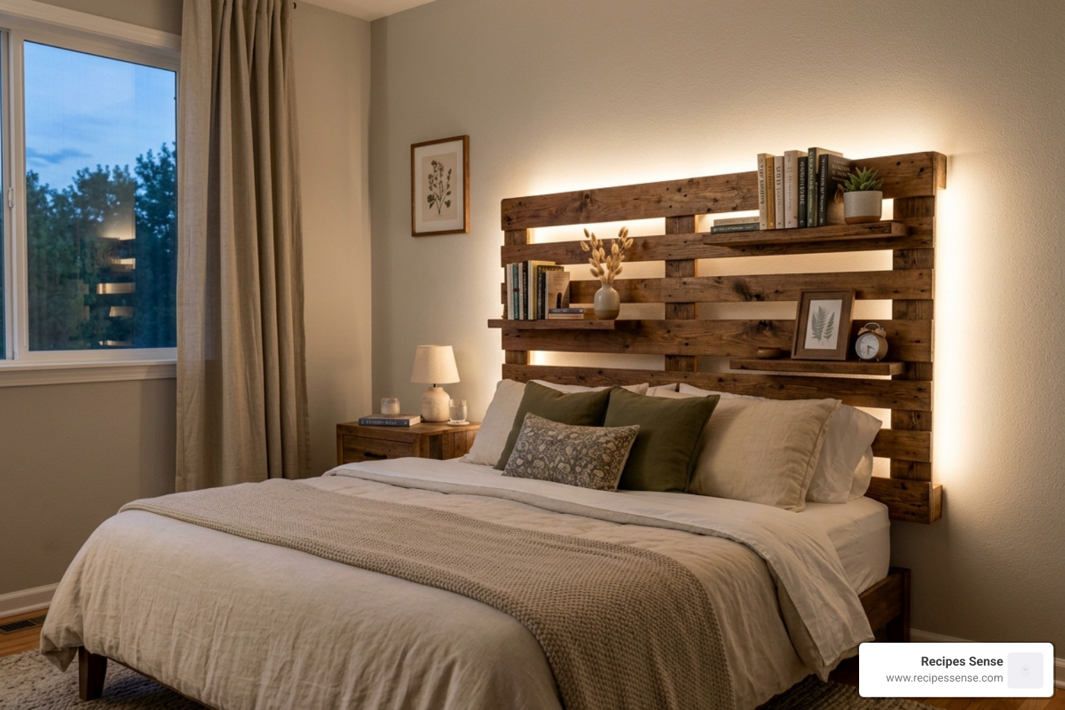 finished pallet headboard with warm LED backlighting and small shelves for books - cabeceira madeira pallet quarto