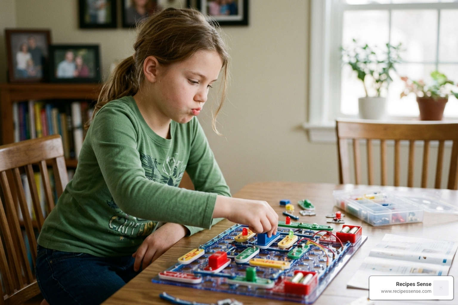 a pre-teen girl assembling a complex circuit board with colorful snap-on components - educational toys for 10 12 year olds