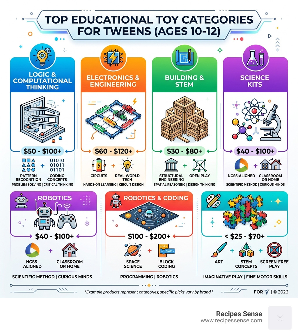 Infographic showing top educational toy categories for 10-12 year olds with price ranges and key skills - educational toys