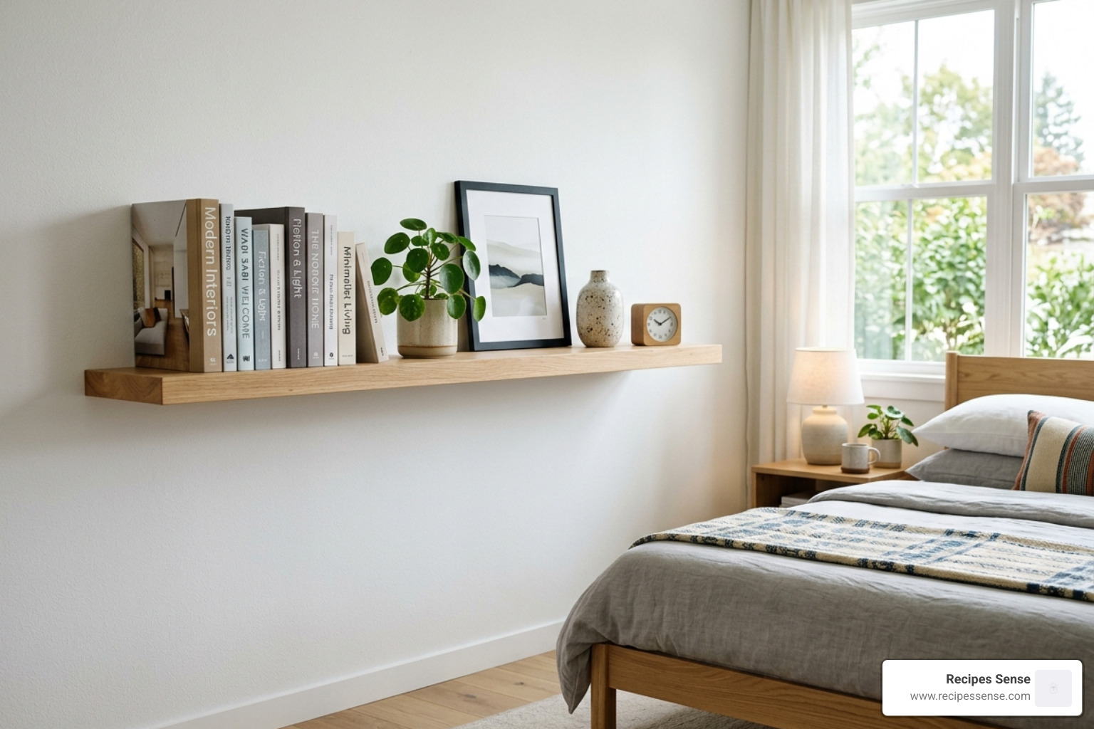 prateleira com suporte invisível em madeira clara instalada em um quarto moderno - prateleira flutuante parede quarto