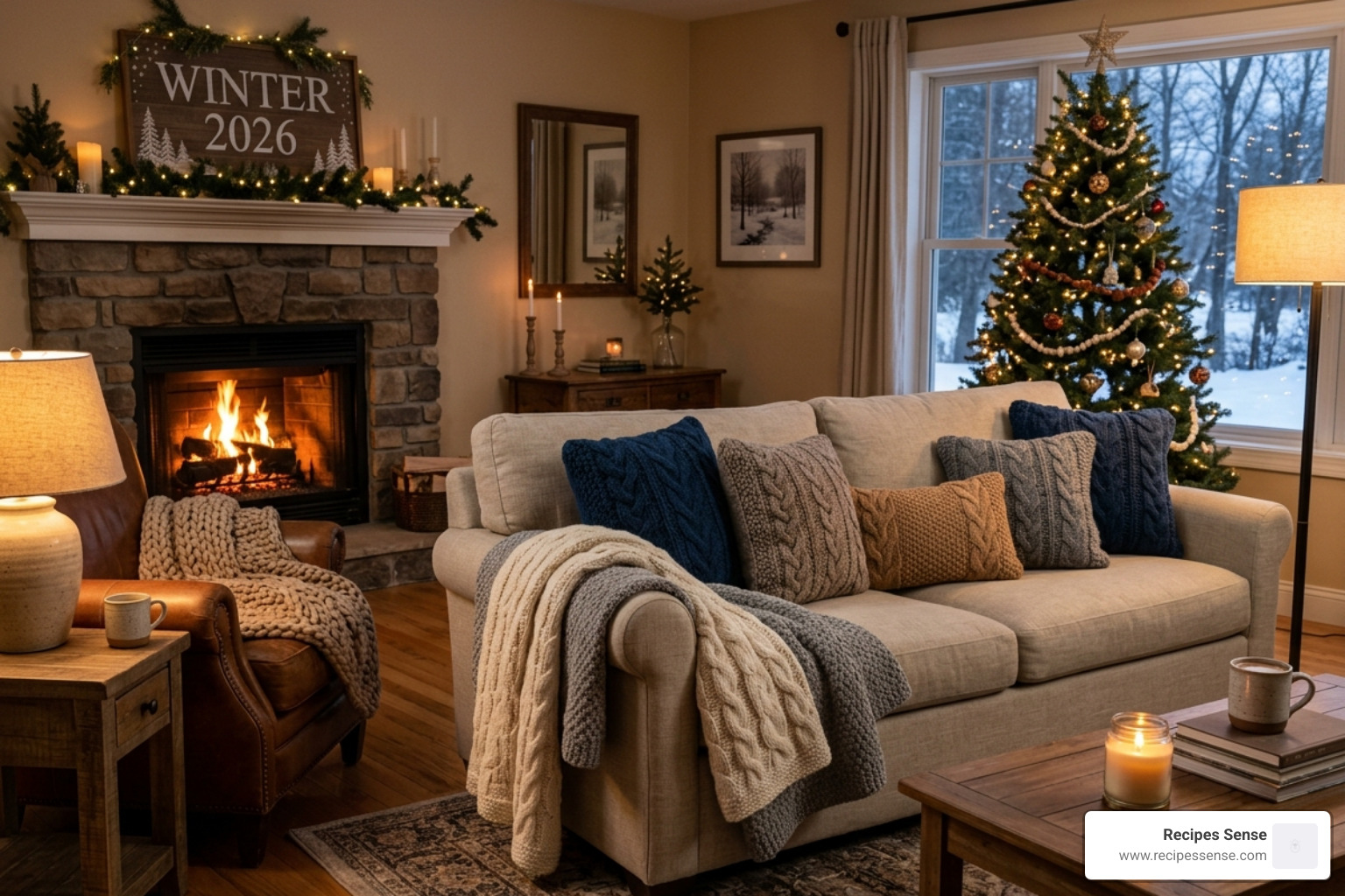 Sala de estar decorada para o inverno com texturas de tricô e iluminação quente - almofada tricô inverno sofá
