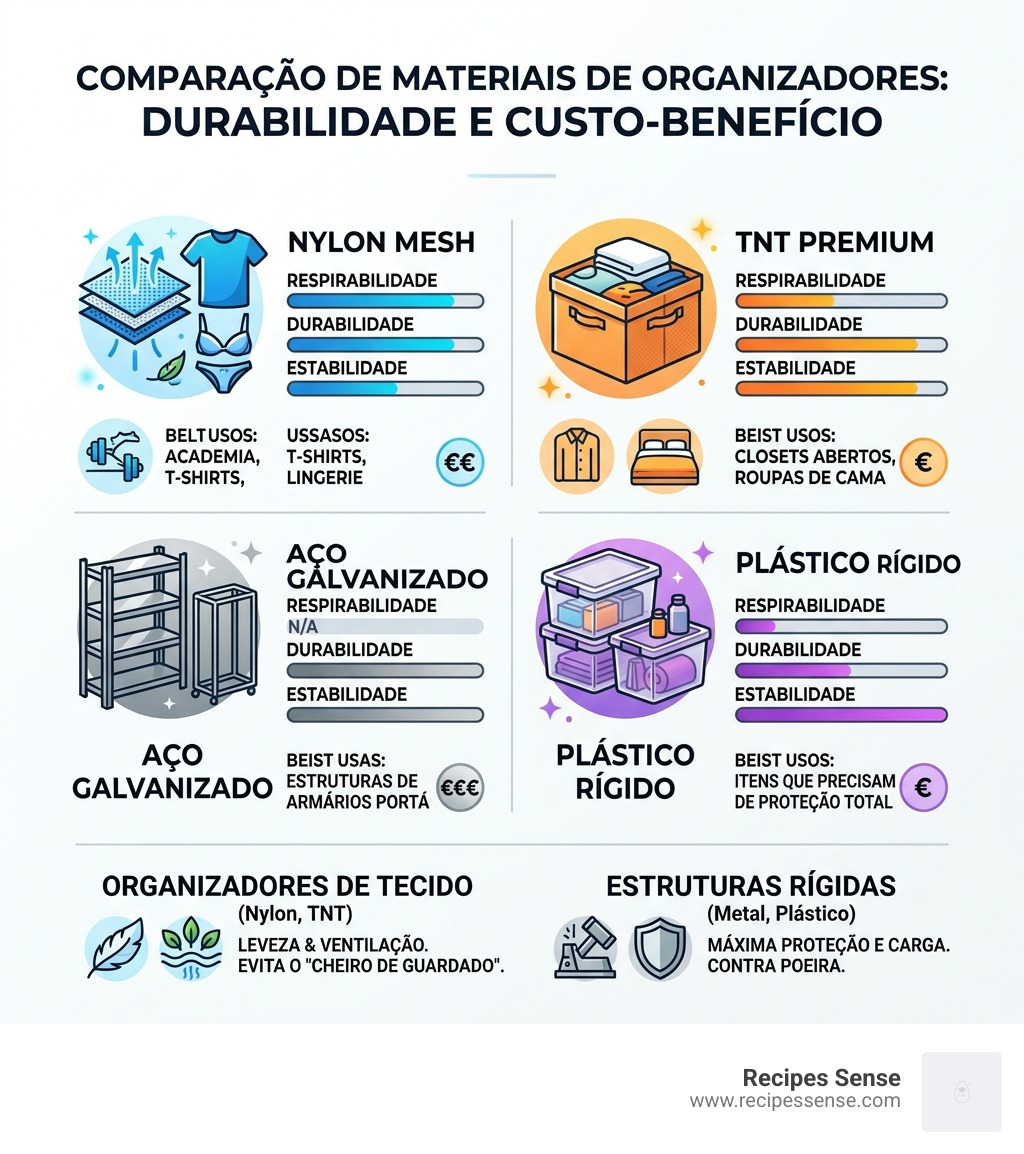 Infográfico mostrando a durabilidade e o custo-benefício dos diferentes materiais de organizadores - organizador closet