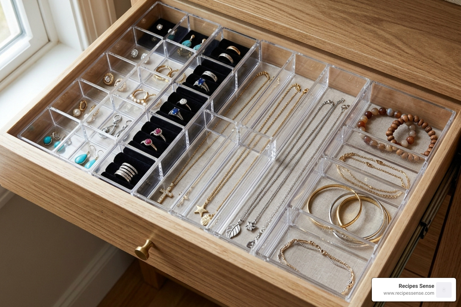 Transparent drawer dividers showcasing jewelry organization clarity - divisória gaveta bijuterias acrílico