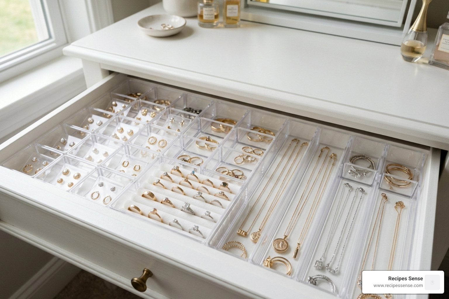 Modular acrylic dividers in a vanity drawer setup - divisória gaveta bijuterias acrílico