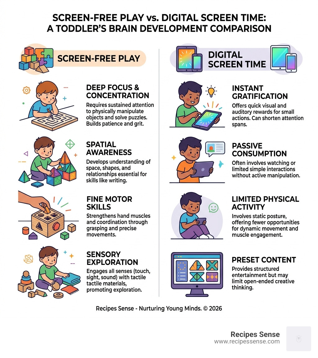 Infographic comparing the benefits of screen-free play vs. digital screen time for toddlers - brain development toys for 3