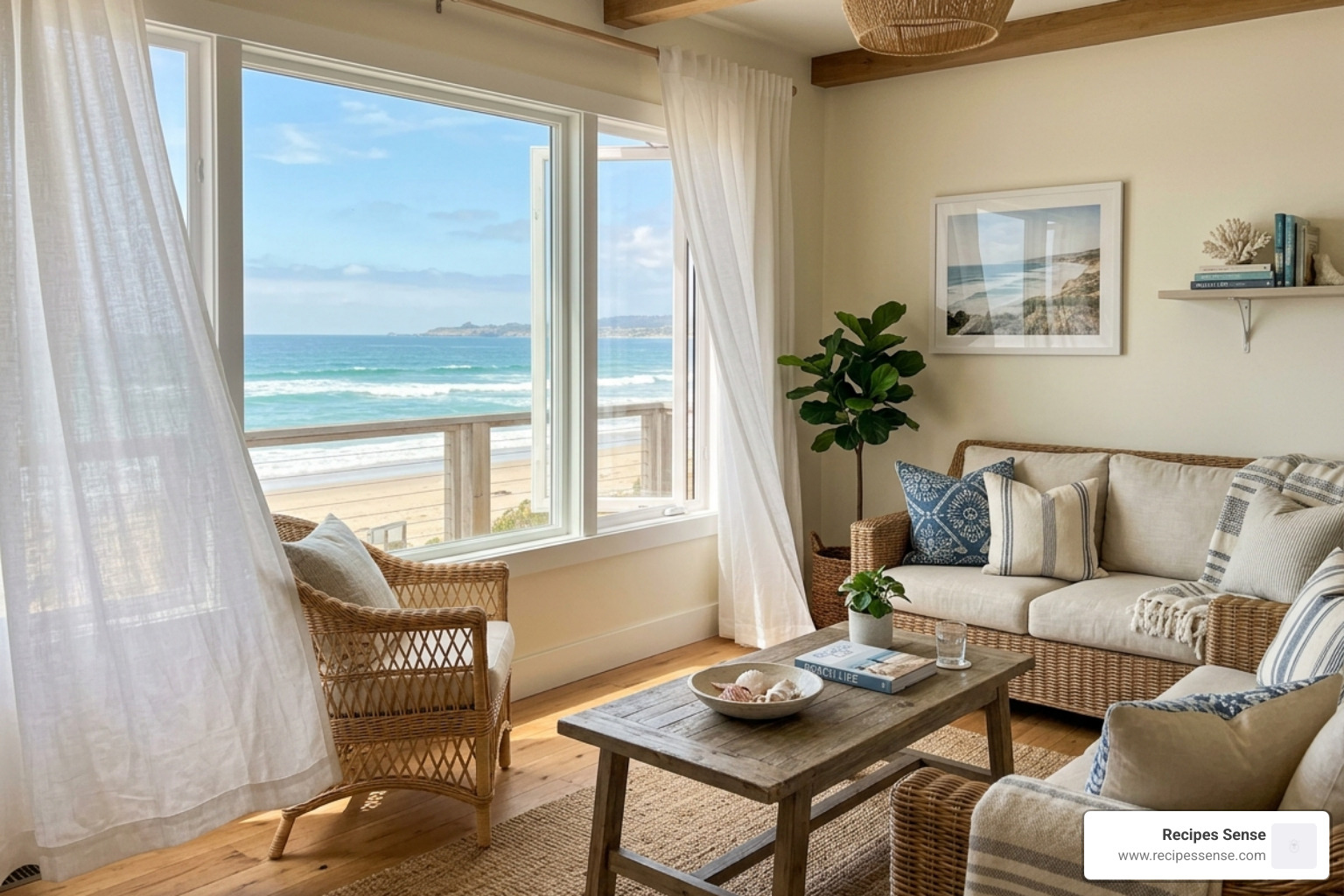 natural textures like linen and wicker in a beach setting - decoração casa de praia