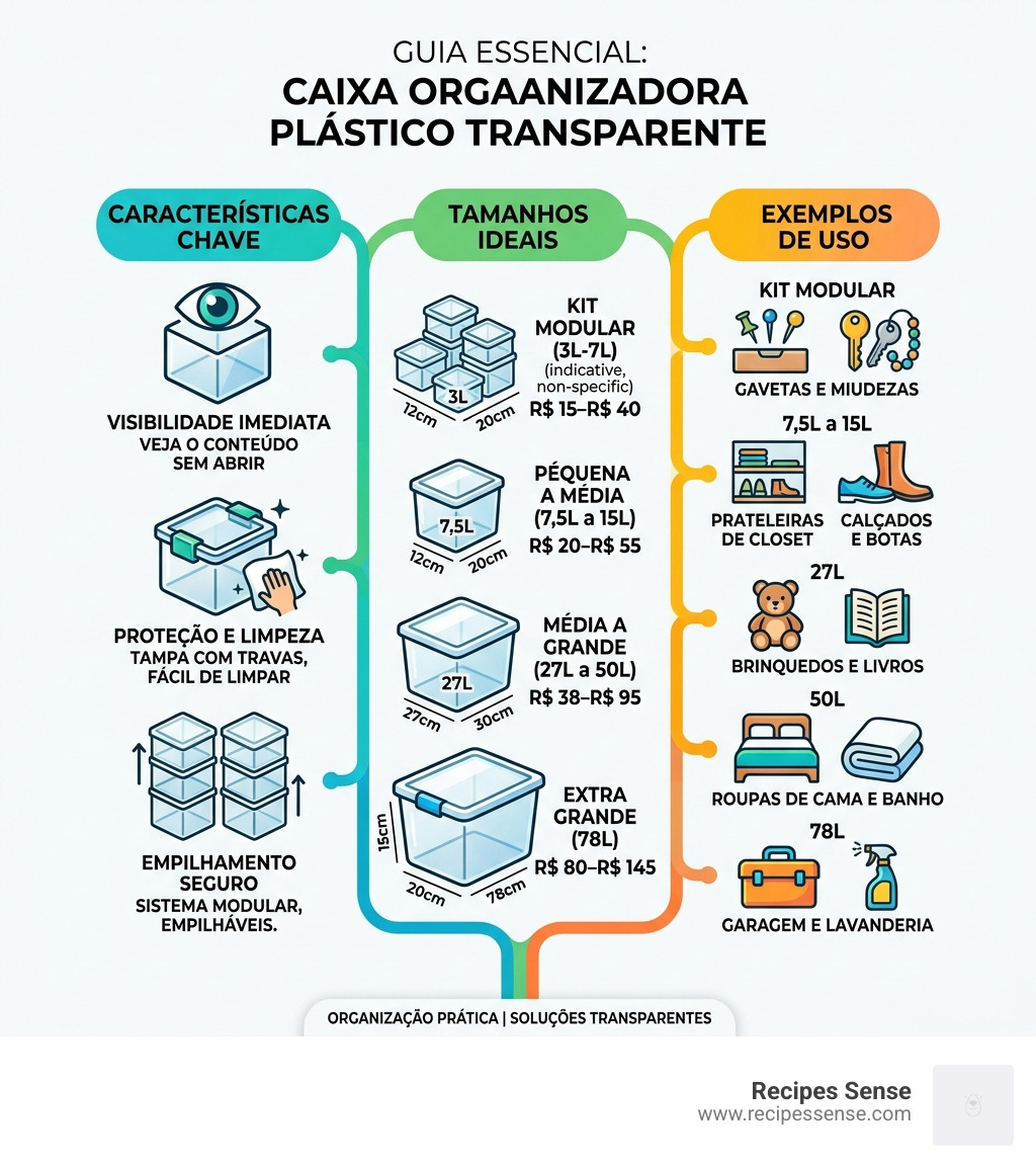 infographic showing benefits of transparent plastic organizers with sizes, uses, and key features - caixa organizadora