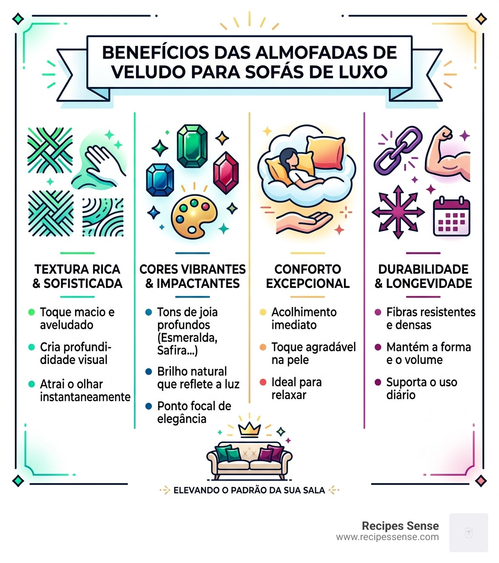 Infographic: benefits of velvet cushions for luxury sofa styling - texture, color, comfort, and durability - almofada veludo