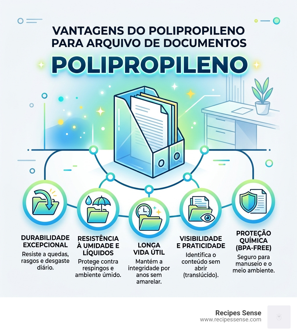 infographic showing the benefits of polypropylene material for document storage including durability and moisture resistance