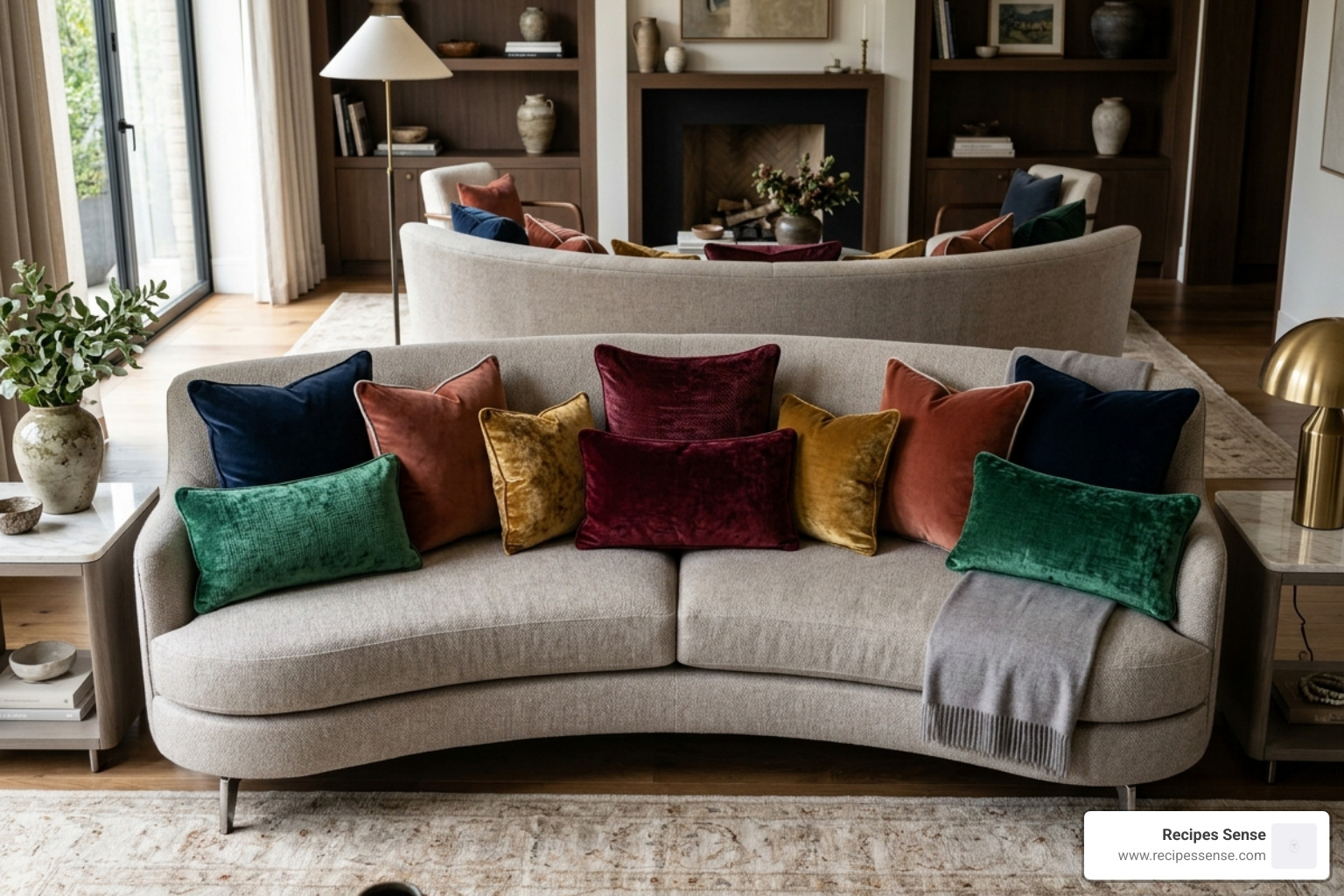 The layering technique with square and rectangular velvet cushions on a modern sofa - almofada veludo sofá luxo