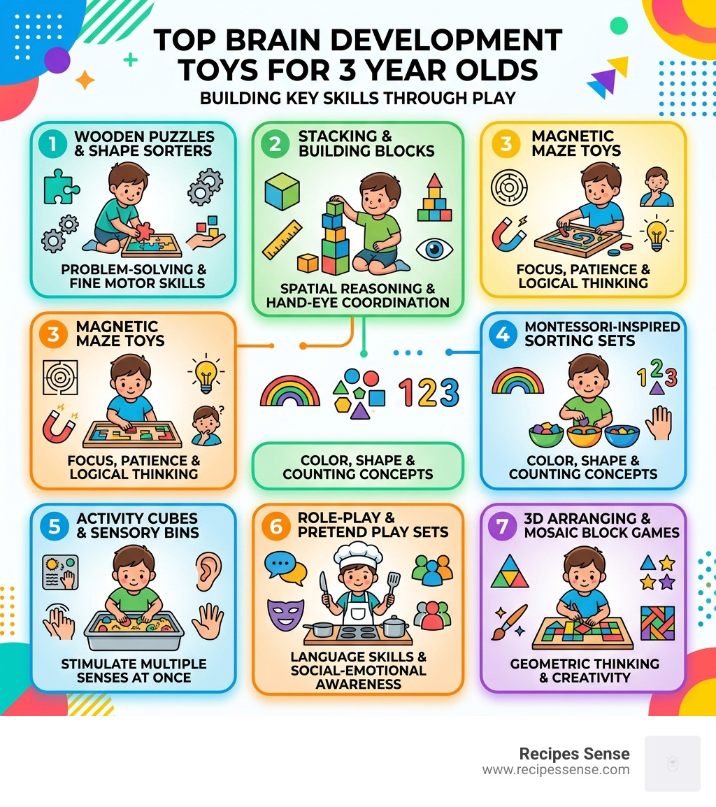 Infographic showing top brain development toys for 3 year olds and the skills they build - brain development toys for 3 year