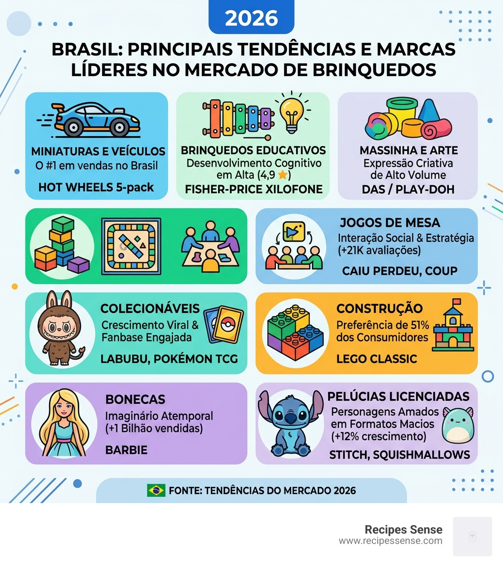Infographic showing 2026 top toy categories market trends and best-selling brands in Brazil - brinquedos infantis mais