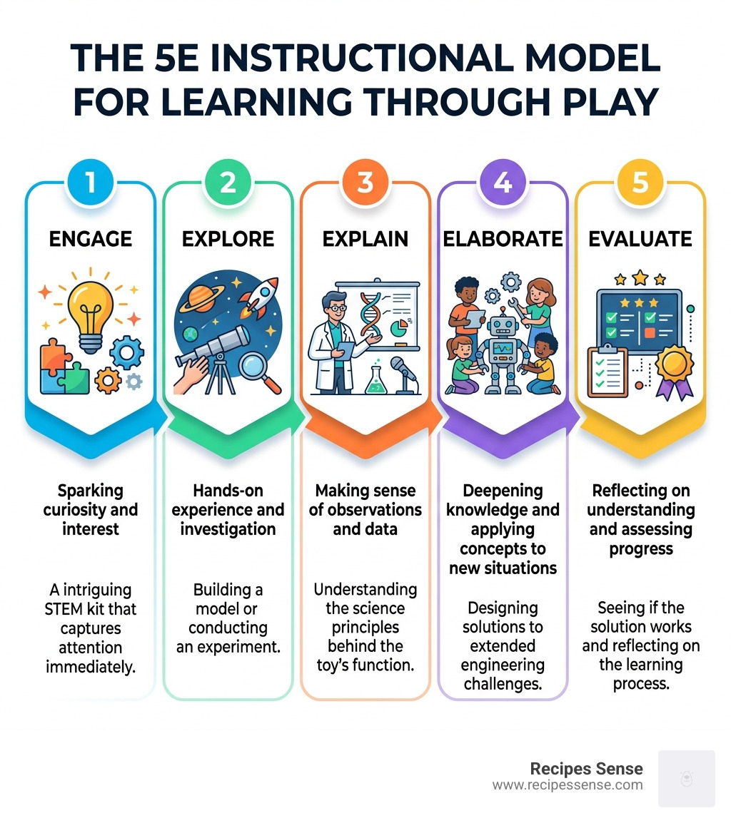 Infographic explaining the 5E model: Engage, Explore, Explain, Elaborate, Evaluate - educational toys for 10 12 year olds