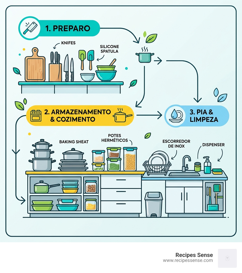 infographic showing kitchen organization flow from prep tools to storage to sink accessories - utilidades domésticas para