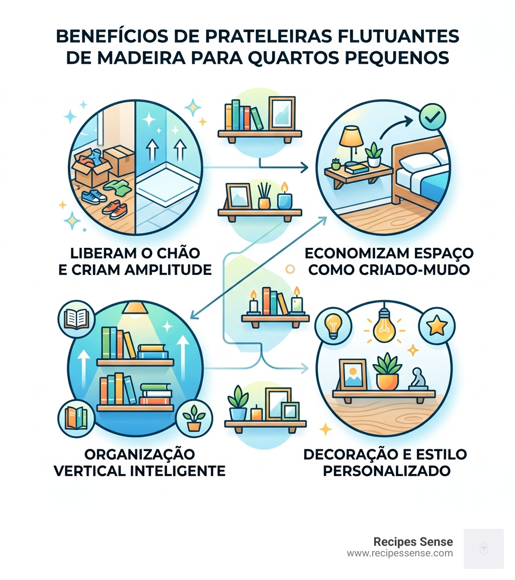 infographic showing benefits of floating wood shelves for small bedrooms - prateleiras flutuantes madeira quarto infographic 