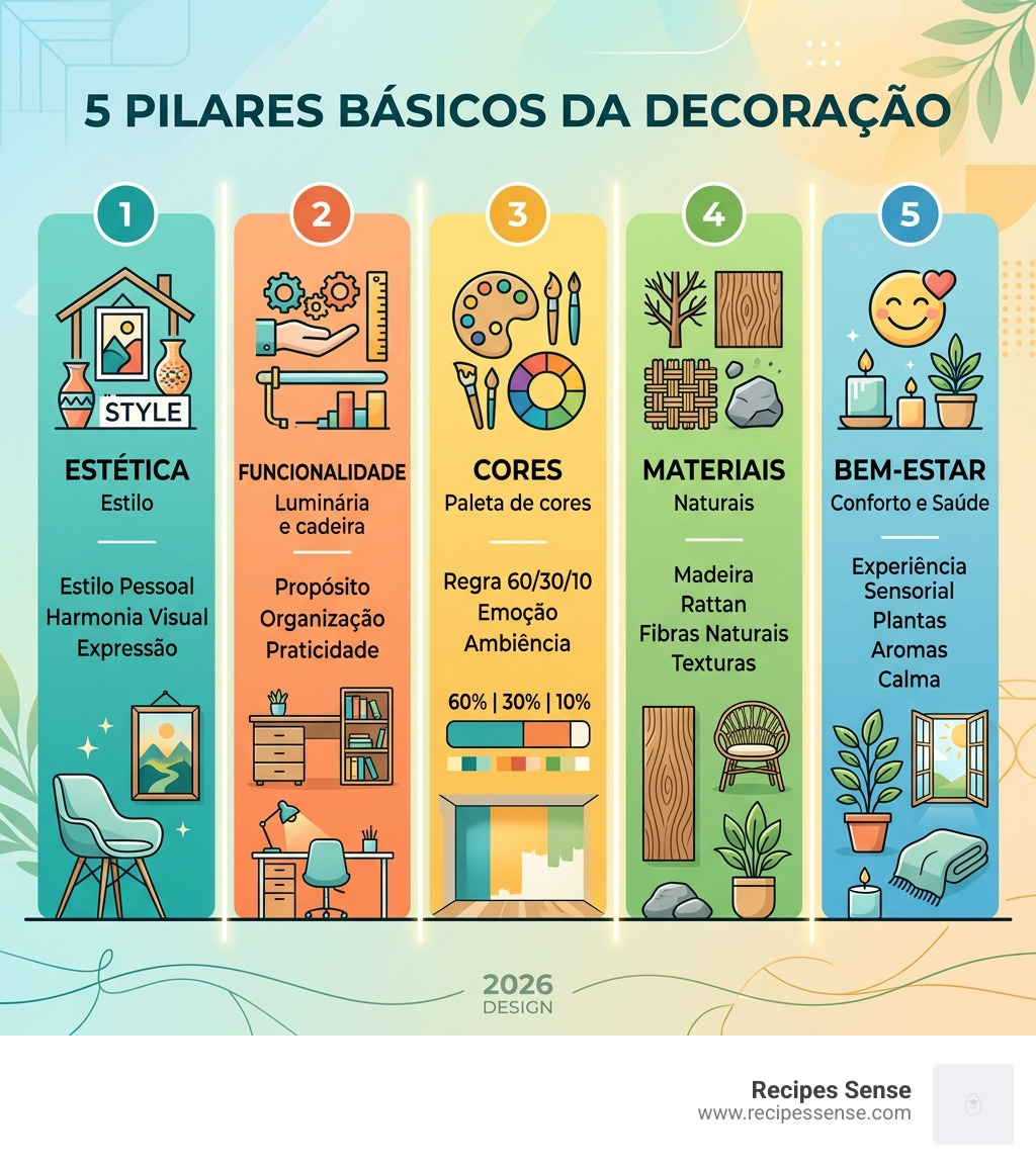 infográfico com os 5 pilares básicos da decoração: estética, funcionalidade, cores, materiais e bem-estar - decoração