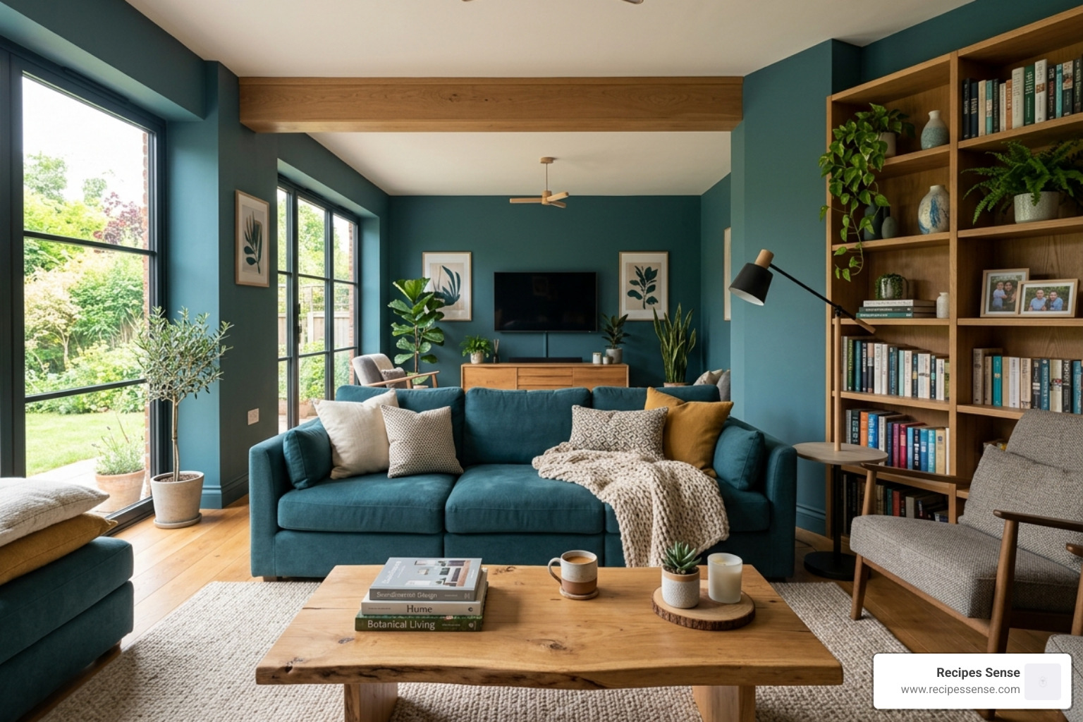 sala de estar moderna decorada com a cor Transformative Teal e elementos de madeira natural - decoração
