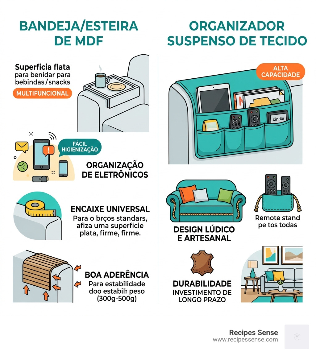 infographic comparing MDF trays vs fabric hanging organizers for sofa arms - porta controle remoto sofá infographic 