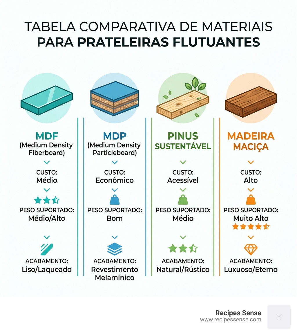 tabela comparativa de materiais para prateleiras flutuantes - prateleiras flutuantes madeira quarto infographic 