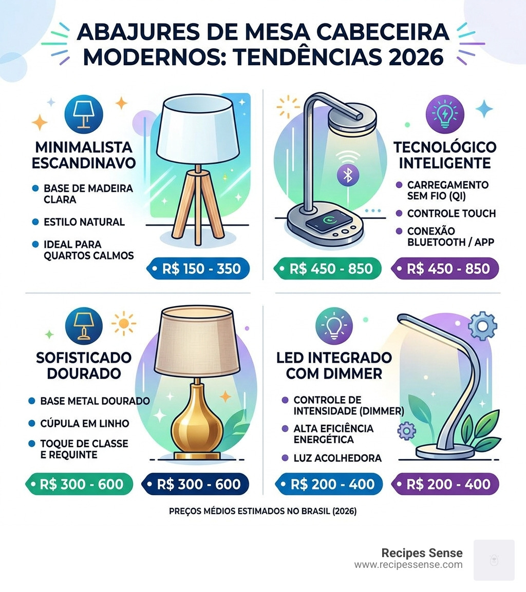infographic showing modern bedside lamp styles, price ranges, and key features for 2026 - abajur mesa cabeceira moderno