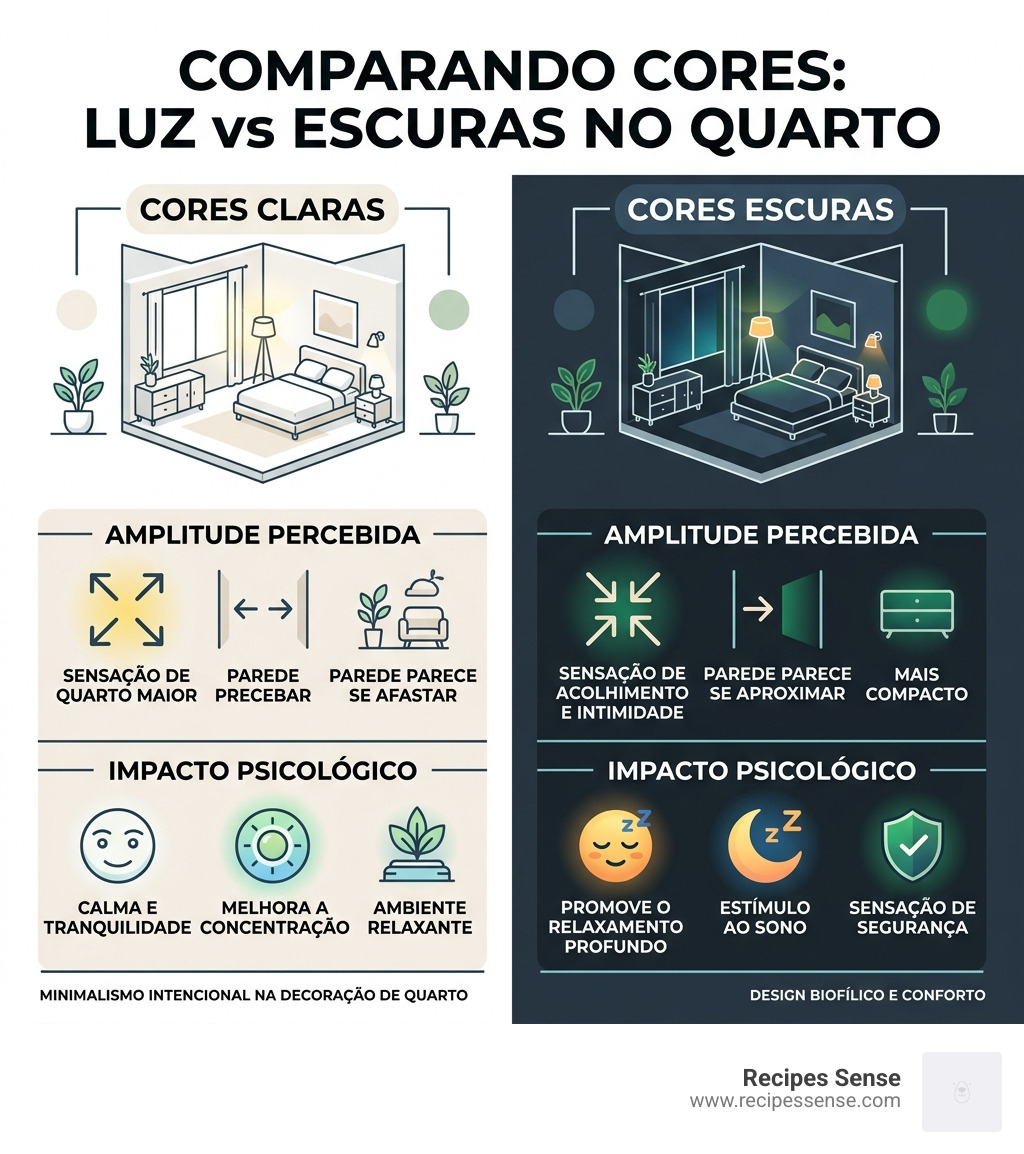 infographic comparing light vs dark colors for room amplitude and psychological impact - ideias de decoração de quarto