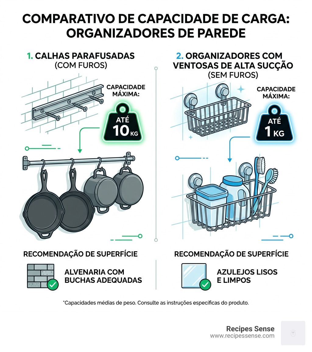 Infographic comparing weight capacity of drilled vs suction cup organizers - organizadores parede cozinha funcional