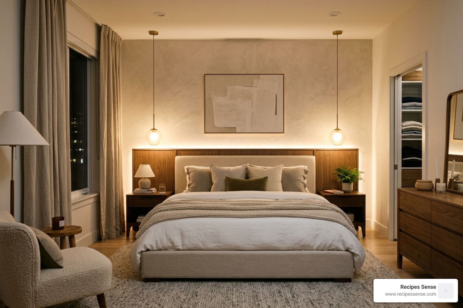 quarto moderno com iluminação indireta atrás da cabeceira e luminárias pendentes em tons quentes - decoração