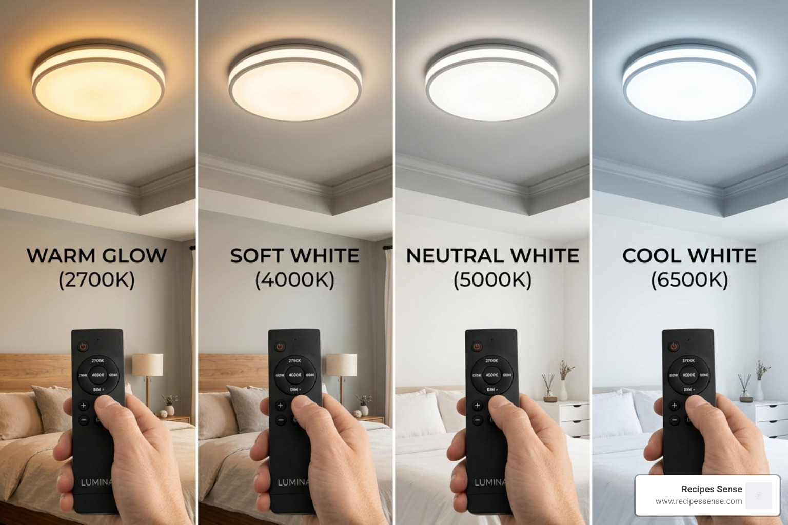 A dimmable LED ceiling light with remote control showing different color temperatures from warm to cool - luminária teto