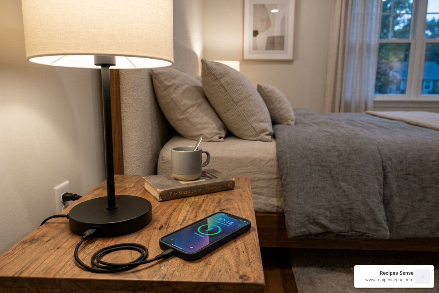 modern lamp with built-in USB port charging a smartphone on a nightstand - abajur mesa cabeceira moderno