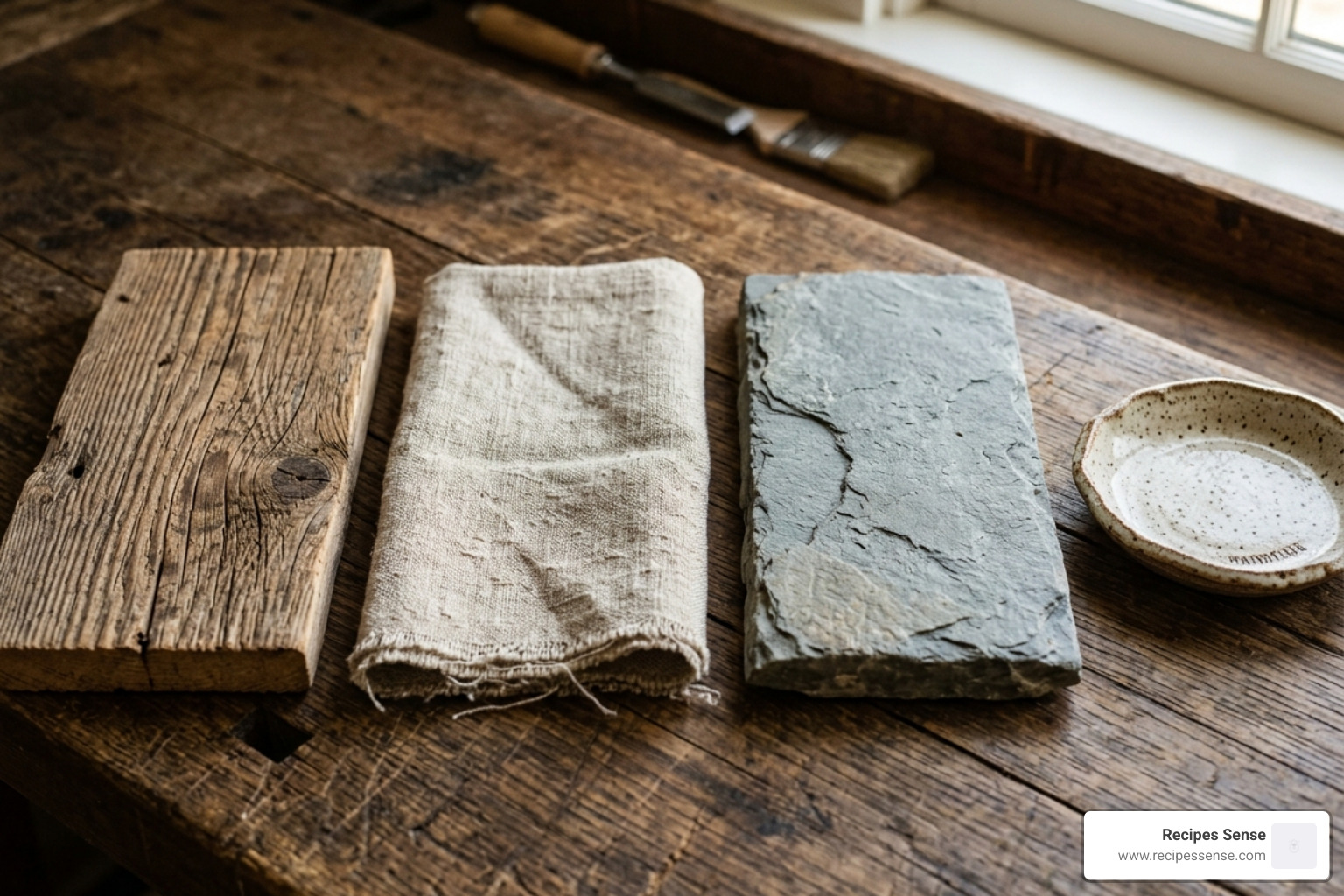 Amostras de materiais rústicos: madeira de demolição, linho cru, pedra ardósia e cerâmica artesanal - decoração rústica casa