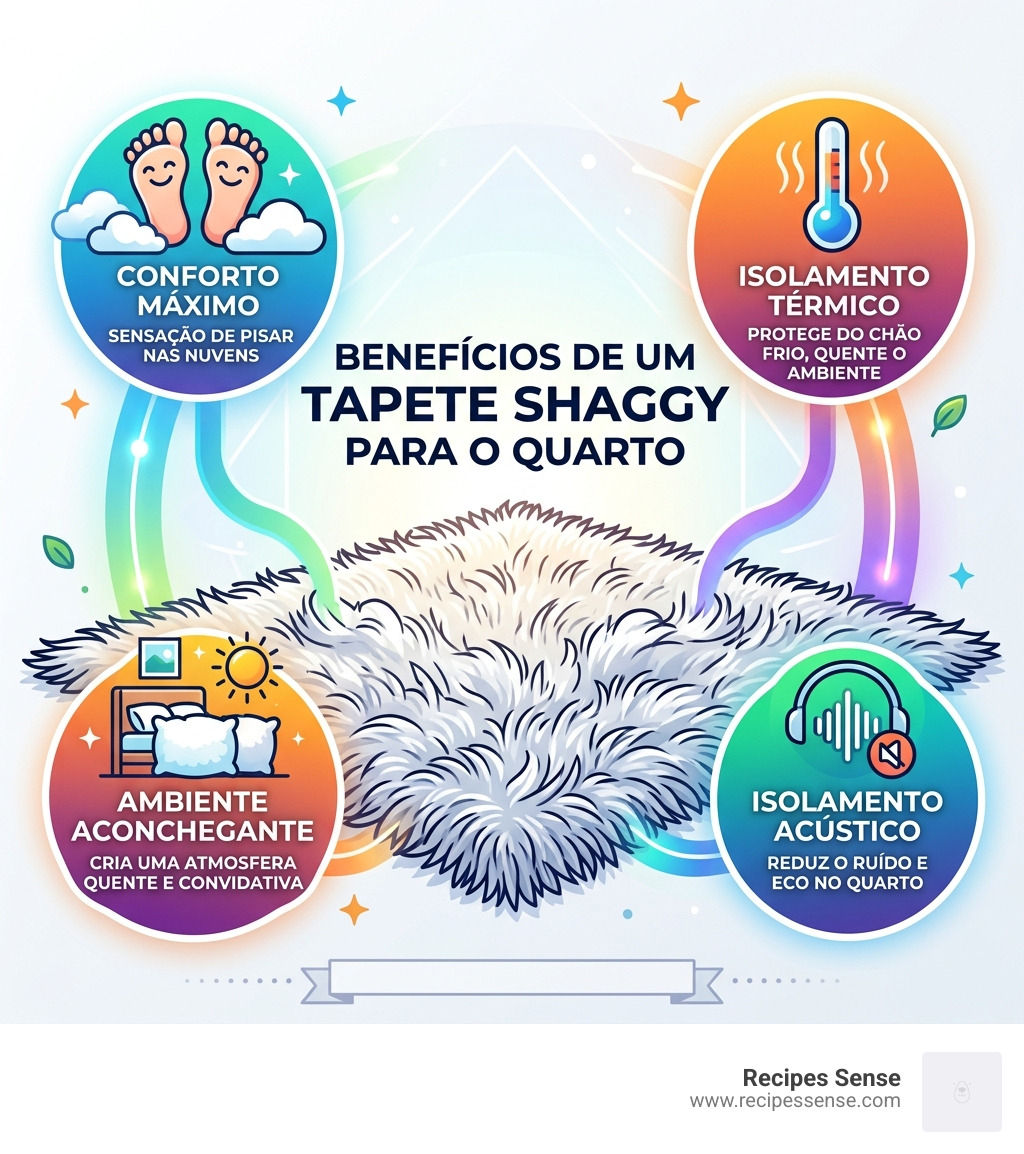 infographic showing benefits of high-pile shaggy rugs for cozy bedroom environments - tapete shaggy quarto aconchegante