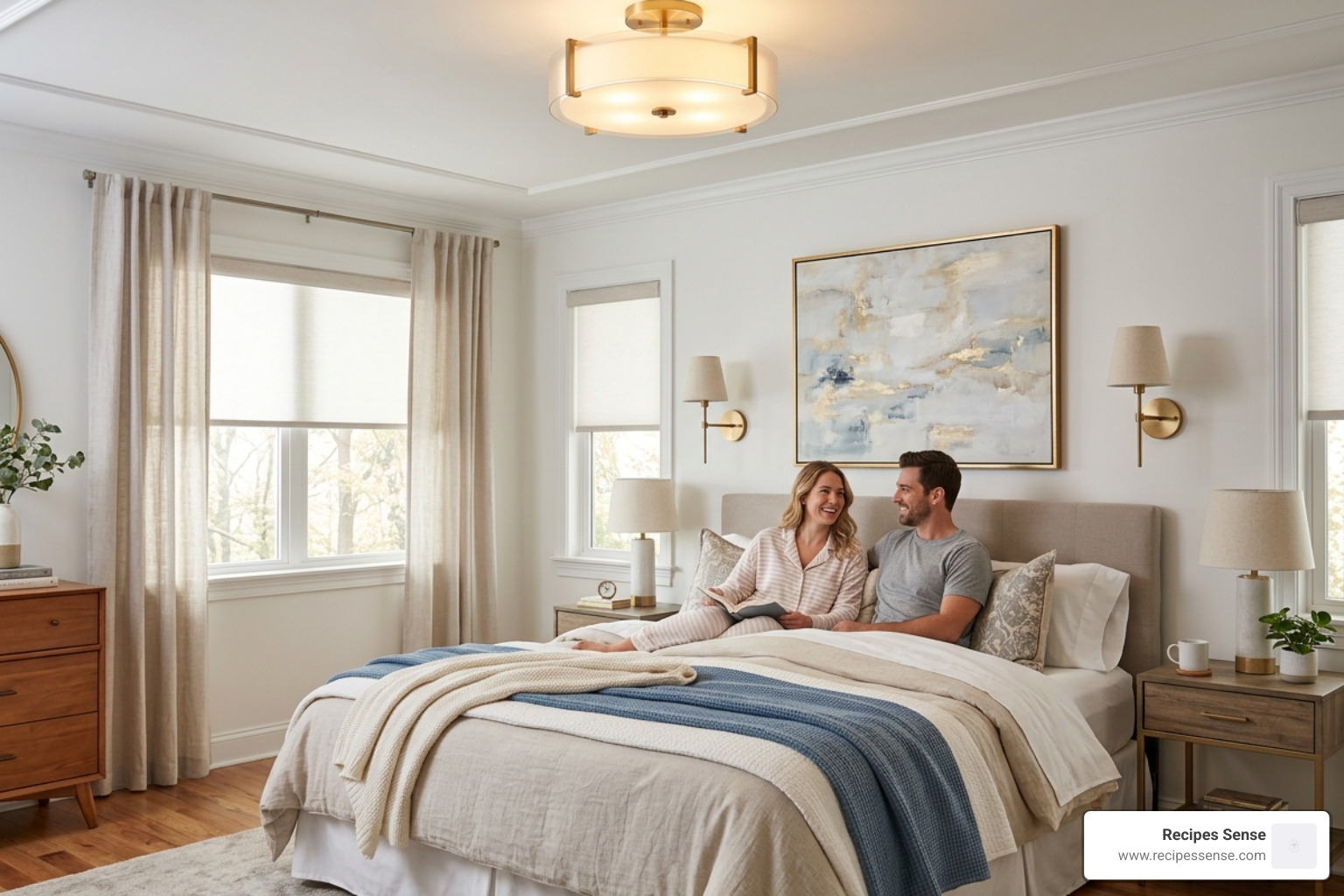 A crystal chandelier in a master suite providing elegant lighting and a romantic atmosphere - luminária teto quarto casal