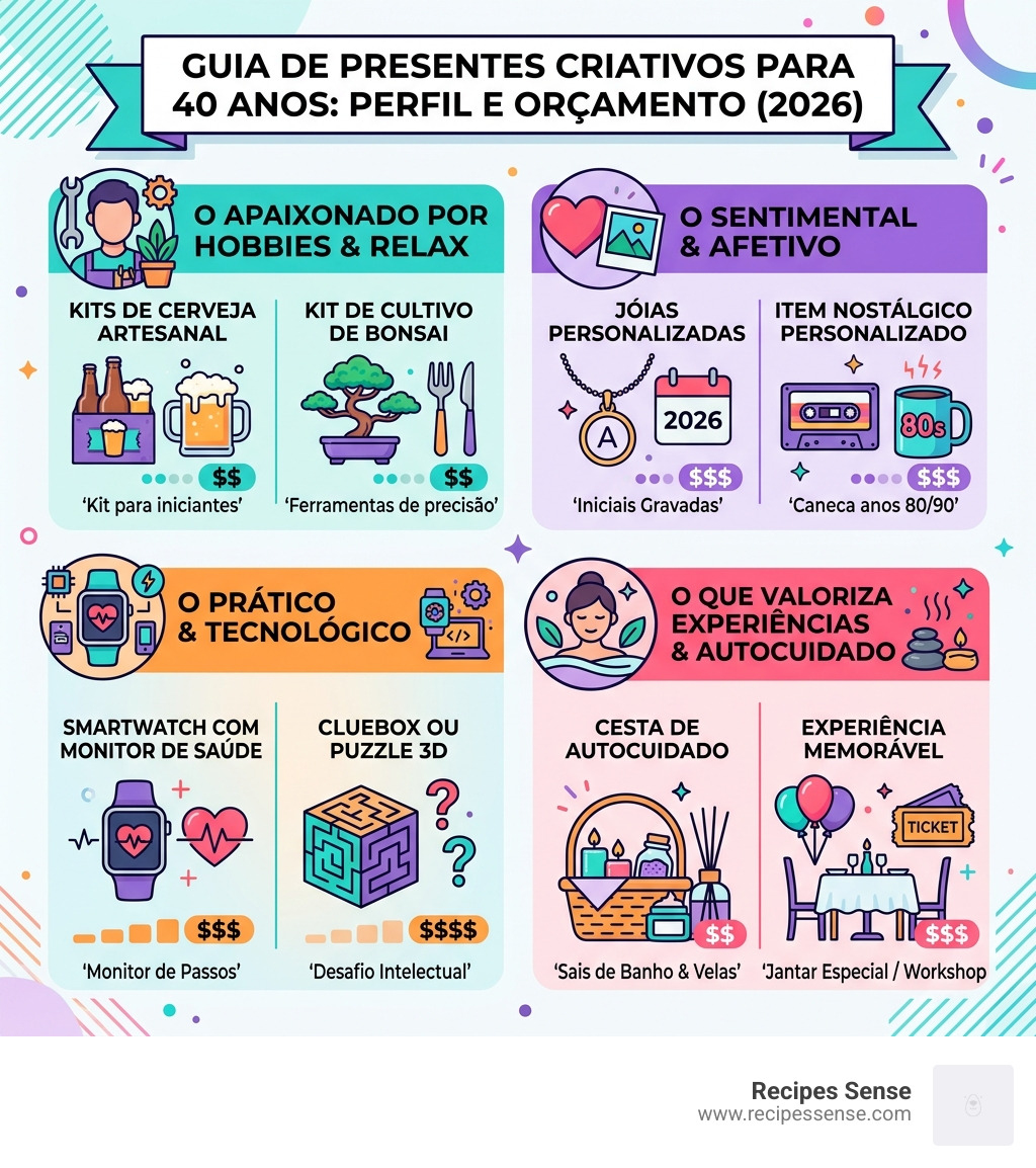 Infographic: top categories of creative 40th birthday gifts by profile and budget in 2026 - presentes criativos para 40 anos