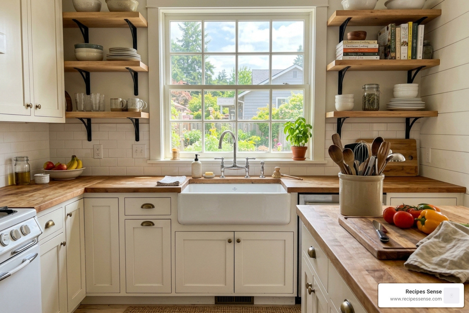 Cozinha estilo farmhouse com prateleiras de madeira clara, pia de louça e utensílios à mostra - decoração rústica casa