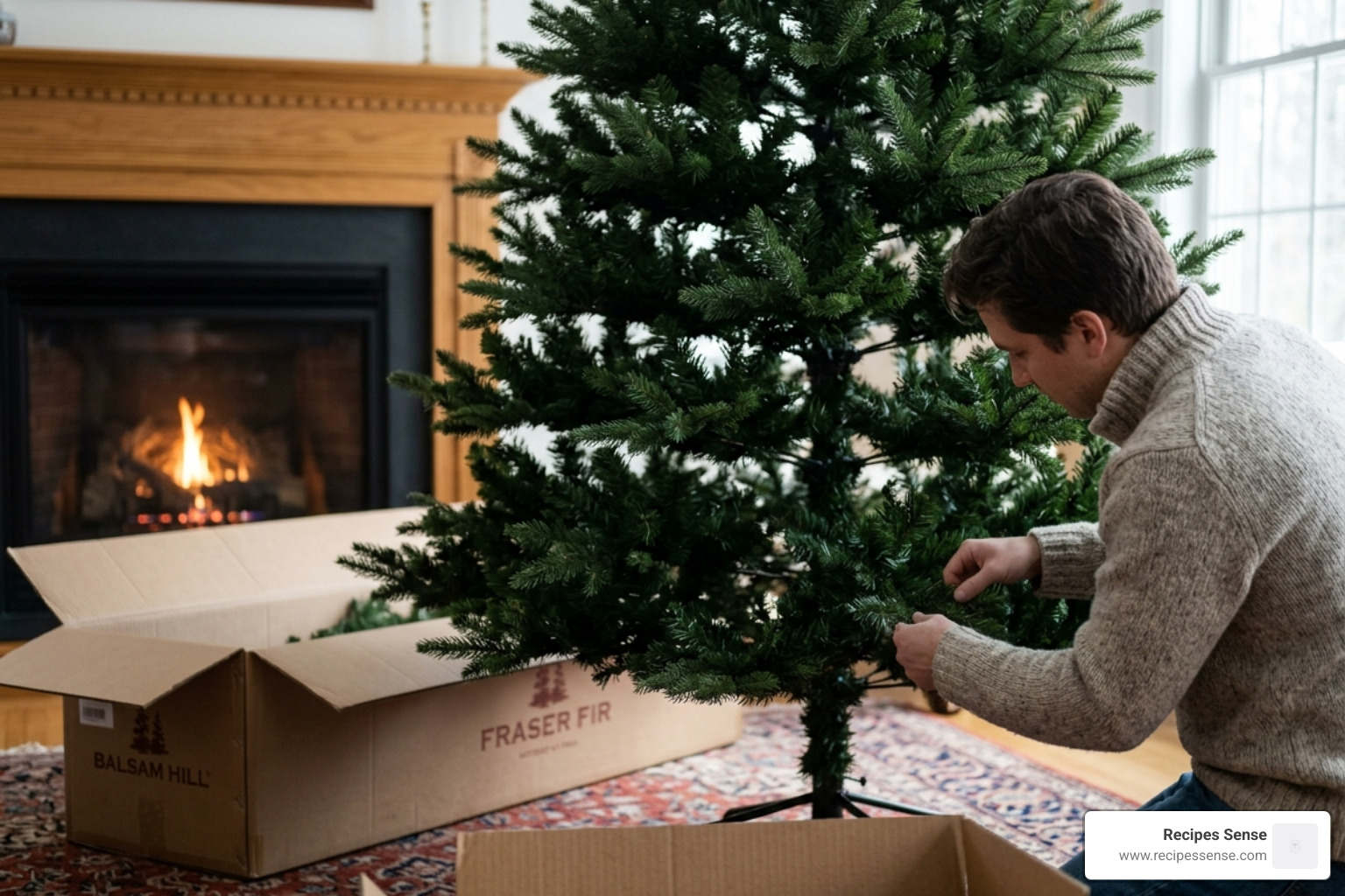 Step-by-step professional Christmas tree assembly showing lighting and ornament placement - decoração de natal para casa