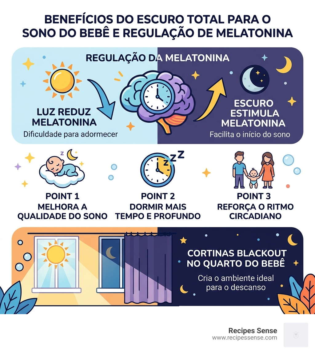 Infográfico: benefícios do escuro total para o sono do bebê e regulação de melatonina - cortinas blackout quarto bebê