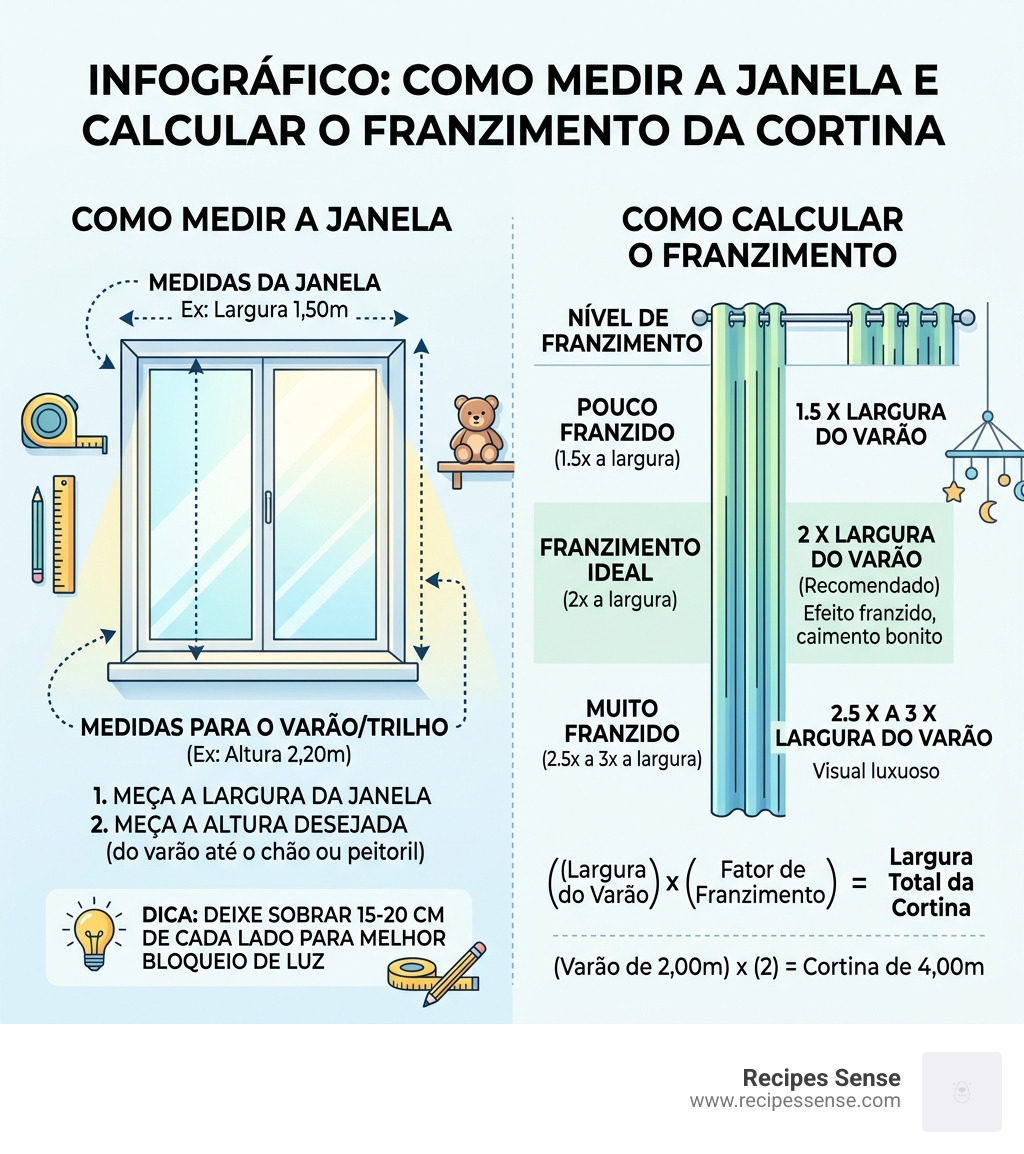 Infográfico: Como medir a janela e calcular o franzimento da cortina - cortinas blackout quarto bebê infographic 